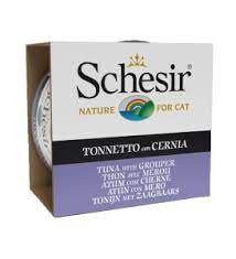 کنسرو گربه بالغ حاوی ماهی تن و Grouper برند Schesir (شسیر) وزن ۸۵ گرم