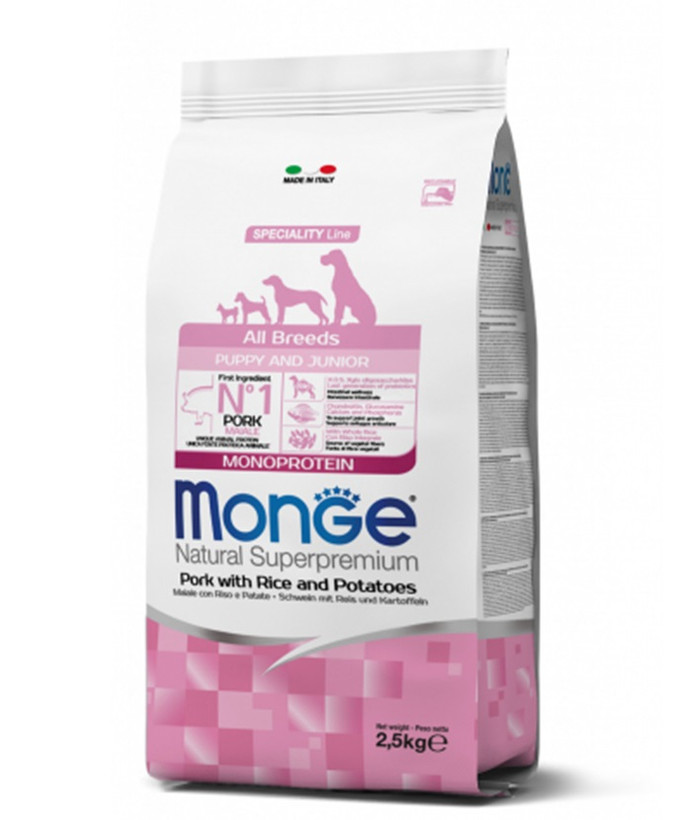 غذای خشک سگ مونژه مینی پاپی و مینی جونیور Natural Superpremium Mini Puppy and Junior با طعم گوشت خوک و برنج و سیب زمینی وزن 2.5 کیلوگرم